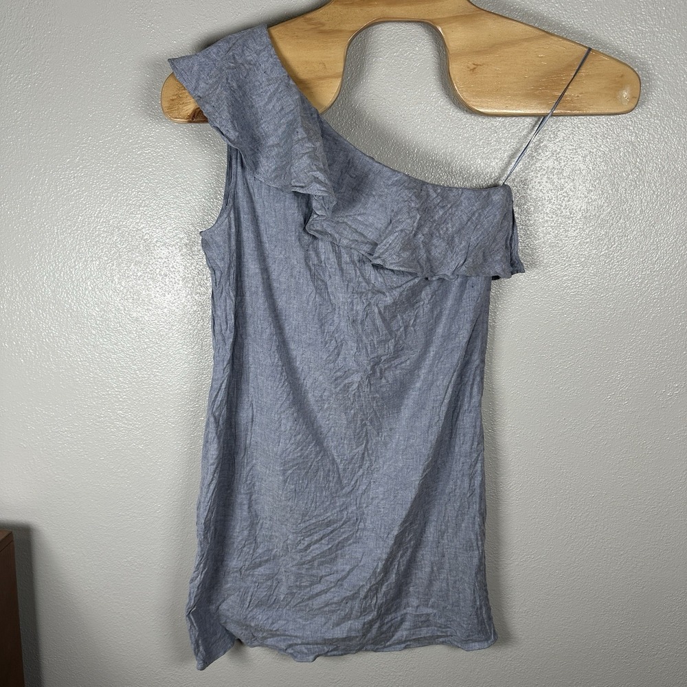 Theory Alexandra Linen Blend Mini Dress Womens 12 Chambray One Shoulder Ruffle